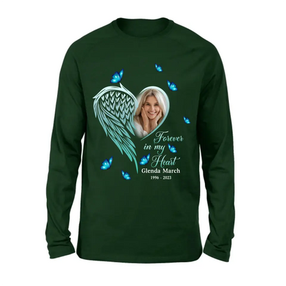 Personalized Memorial Wing Heart Shirt/Hoodie - Upload Photo - Memorial Gift Idea For Family - Forever In My Heart