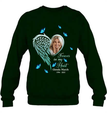 Personalized Memorial Wing Heart Shirt/Hoodie - Upload Photo - Memorial Gift Idea For Family - Forever In My Heart