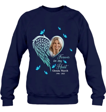 Personalized Memorial Wing Heart Shirt/Hoodie - Upload Photo - Memorial Gift Idea For Family - Forever In My Heart