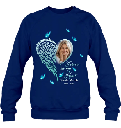 Personalized Memorial Wing Heart Shirt/Hoodie - Upload Photo - Memorial Gift Idea For Family - Forever In My Heart