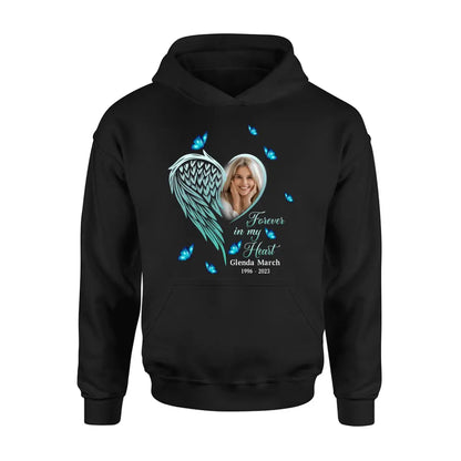 Personalized Memorial Wing Heart Shirt/Hoodie - Upload Photo - Memorial Gift Idea For Family - Forever In My Heart