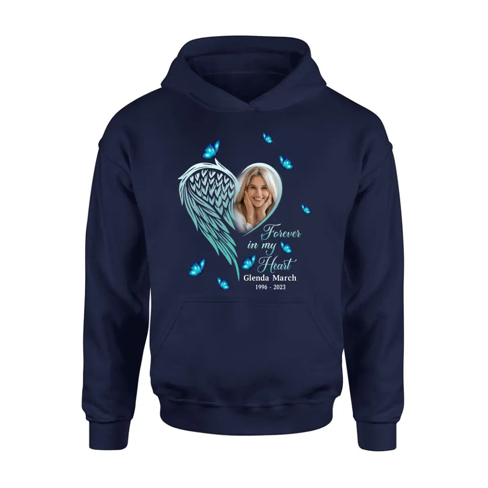 Personalized Memorial Wing Heart Shirt/Hoodie - Upload Photo - Memorial Gift Idea For Family - Forever In My Heart