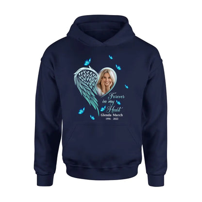 Personalized Memorial Wing Heart Shirt/Hoodie - Upload Photo - Memorial Gift Idea For Family - Forever In My Heart