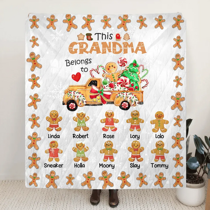 Personalized Christmas Gingerbread Grandma Quilt/Fleece Throw Blanket - Up to 10 Grandkids - Christmas Gift Idea For Grandma - This Grandma Belongs To