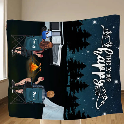 Personalized Camping Family Quilt/Fleece Throw Blanket - Gift Idea For Camping Lover/Couple/Family - This Is Our Happy Place