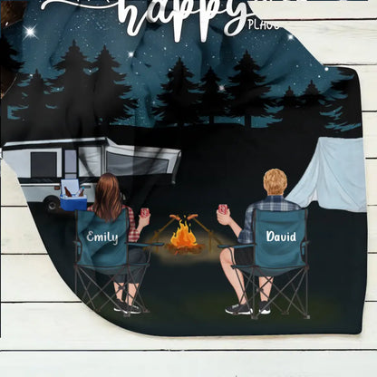 Personalized Camping Family Quilt/Fleece Throw Blanket - Gift Idea For Camping Lover/Couple/Family - This Is Our Happy Place