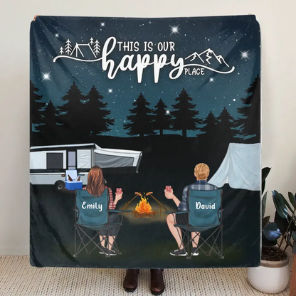 Personalized Camping Family Quilt/Fleece Throw Blanket - Gift Idea For Camping Lover/Couple/Family - This Is Our Happy Place
