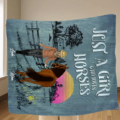 Personalized Horse Girl Quilt/Fleece Throw Blanket - Gift Idea For Girl/Horse Lovers - Up to 6 Horses - Just A Girl Who Loves Horses