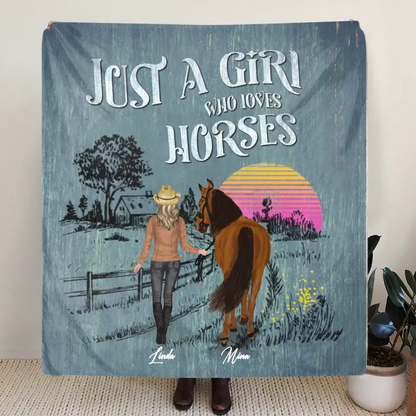 Personalized Horse Girl Quilt/Fleece Throw Blanket - Gift Idea For Girl/Horse Lovers - Up to 6 Horses - Just A Girl Who Loves Horses