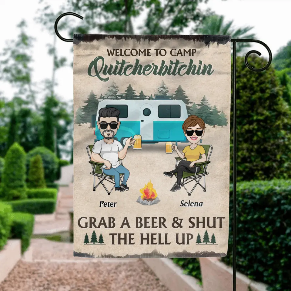 Personalized Camping Flag Sign - Best Gift For Camping Lovers - Couple With Up to 4 Dogs - Welcome To Camp Quitcherbitchin