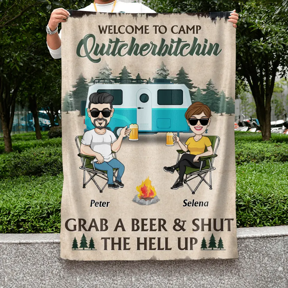 Personalized Camping Flag Sign - Best Gift For Camping Lovers - Couple With Up to 4 Dogs - Welcome To Camp Quitcherbitchin