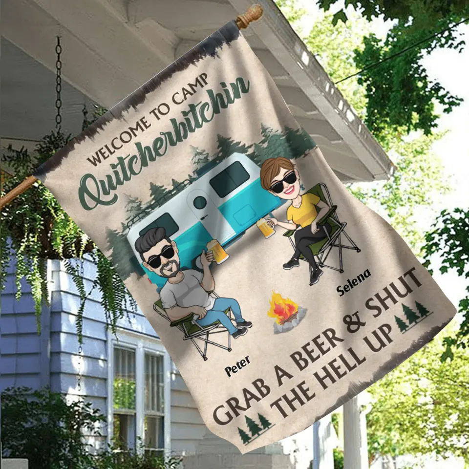 Personalized Camping Flag Sign - Best Gift For Camping Lovers - Couple With Up to 4 Dogs - Welcome To Camp Quitcherbitchin