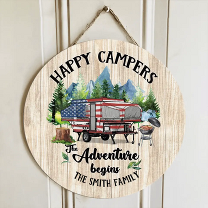 Personalized Camper Circle Door Sign - Gift Idea For Camping Lovers/Family - Happy Campers The Adventure Begins