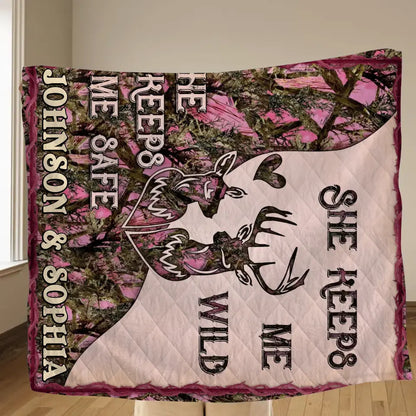 Personalized Couple Quilt/Fleece Throw Blanket - Gift Idea For Couple/Husband/Wife/Valentine's Day - She Keeps Me Wild