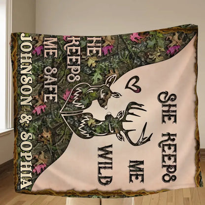 Personalized Couple Fleece Throw Blanket & Quilt - Valentine's Day Gift Idea For Couple/Him & Her - She Keeps Me Wild