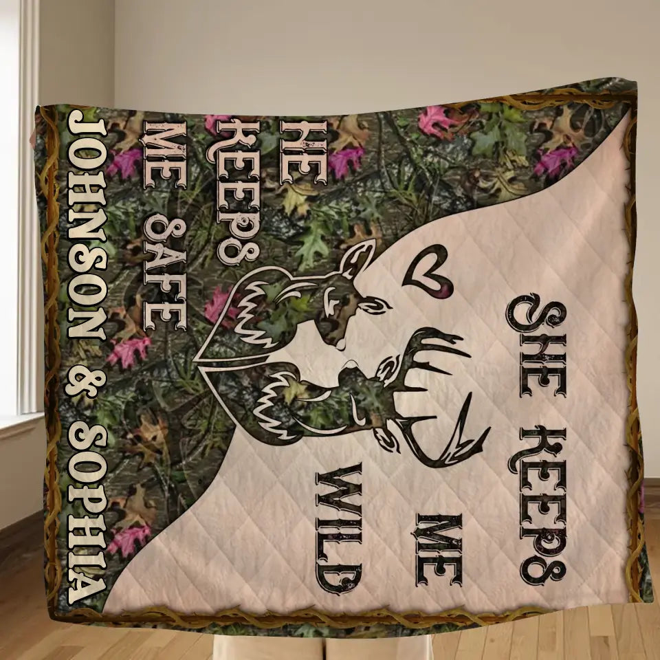 Personalized Couple Fleece Throw Blanket & Quilt - Valentine's Day Gift Idea For Couple/Him & Her - She Keeps Me Wild