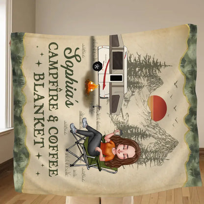 Personalized Camping Fleece Throw Blanket & Quilt - Gift Idea For Camping Lover - My Campfire & Coffee Blanket