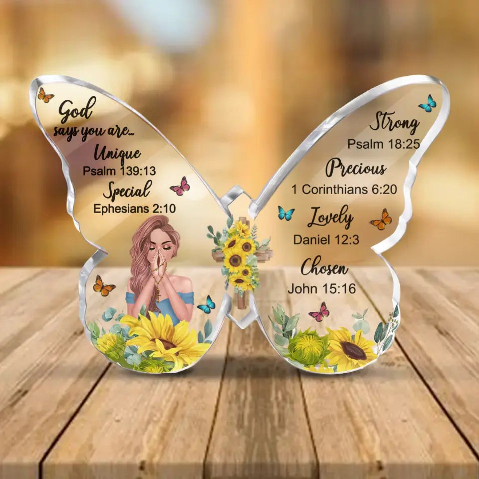 Personalized Prayer Butterfly Acrylic Plaque -  Christian Gifts - God Says You Are Unique