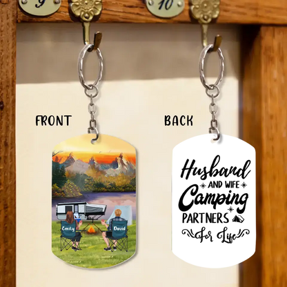Personalized Camping Aluminum Keychain - Adult/Couple with Up to 2 Dogs/Cats - Gift Idea for Camping/Dog/Cat Lovers - Husband And Wife Camping Partners For Life