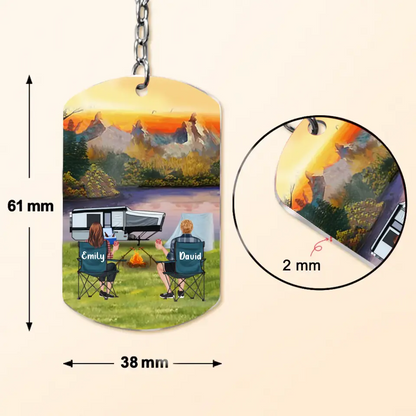 Personalized Camping Aluminum Keychain - Adult/Couple with Up to 2 Dogs/Cats - Gift Idea for Camping/Dog/Cat Lovers - Husband And Wife Camping Partners For Life