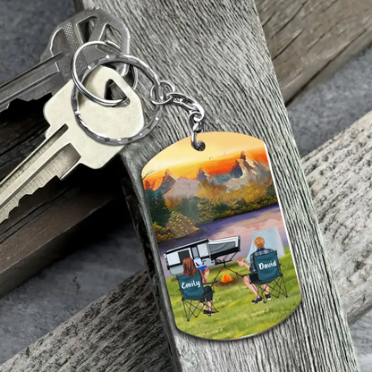 Personalized Camping Aluminum Keychain - Adult/Couple with Up to 2 Dogs/Cats - Gift Idea for Camping/Dog/Cat Lovers - Husband And Wife Camping Partners For Life