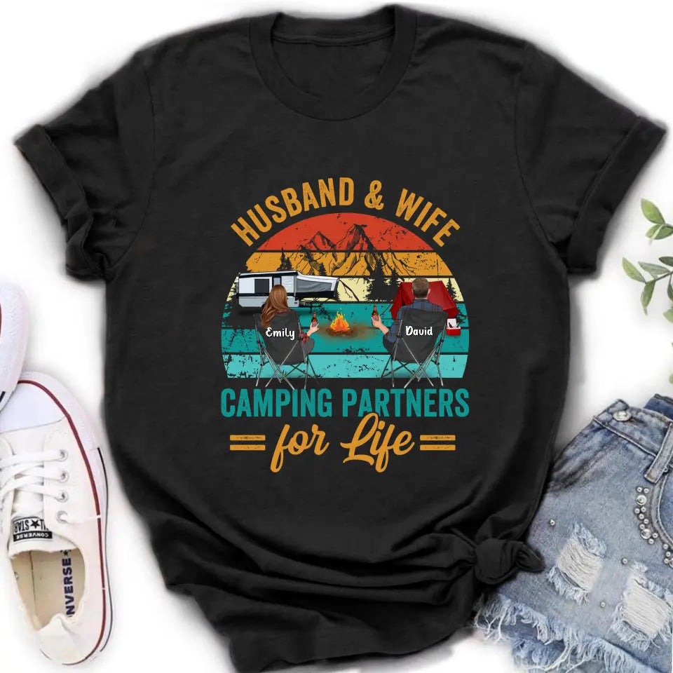 Personalized Camping Shirt/Hoodie - Couple With Up to 2 Children & 3 Pets - Camping Lovers Gift Idea - Husband & Wife Camping Partners For Life