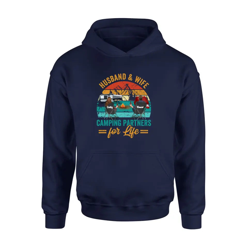 Personalized Camping Shirt/Hoodie - Couple With Up to 2 Children & 3 Pets - Camping Lovers Gift Idea - Husband & Wife Camping Partners For Life