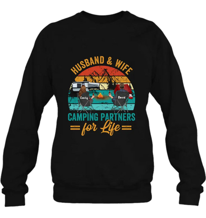 Personalized Camping Shirt/Hoodie - Couple With Up to 2 Children & 3 Pets - Camping Lovers Gift Idea - Husband & Wife Camping Partners For Life