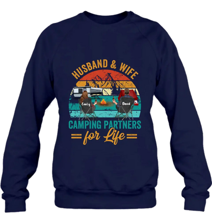 Personalized Camping Shirt/Hoodie - Couple With Up to 2 Children & 3 Pets - Camping Lovers Gift Idea - Husband & Wife Camping Partners For Life