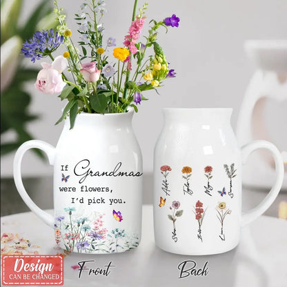 Personalized Grandma Mom Ceramic Flower Vase - Up to 8 Kids - Gift Idea For Grandma/Mum/Mother's Day - If Grandma Were Flowers I'd Pick You