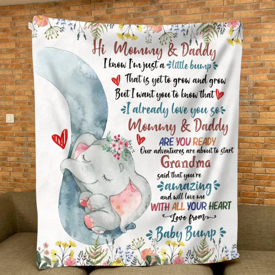 Personalized Elephant Quilt/Fleece Throw Blanket - Gift Idea For New Mom/Dad - Hi Mommy Daddy