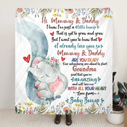 Personalized Elephant Quilt/Fleece Throw Blanket - Gift Idea For New Mom/Dad - Hi Mommy Daddy