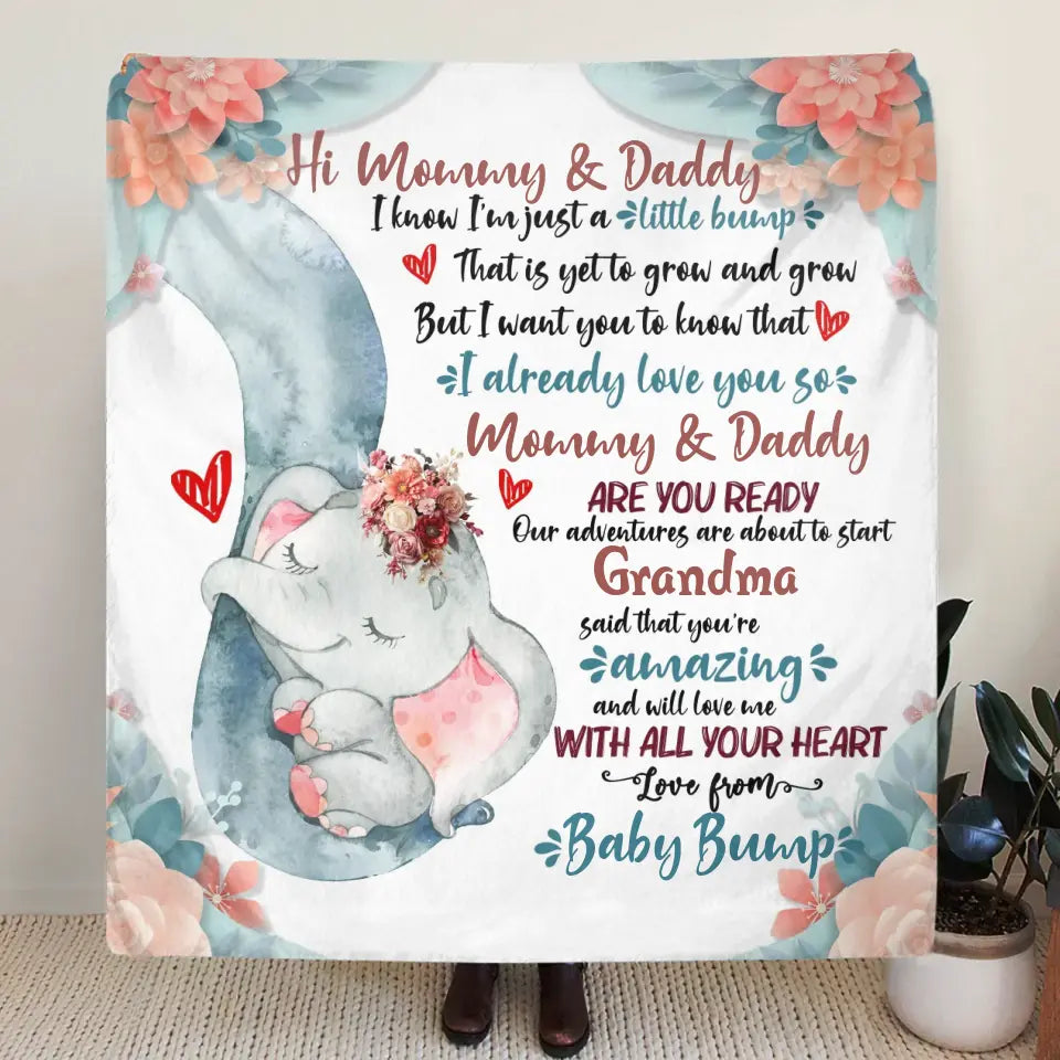 Personalized Elephant Quilt/Fleece Throw Blanket - Gift Idea For New Dad/Mom - Hi Mommy Daddy