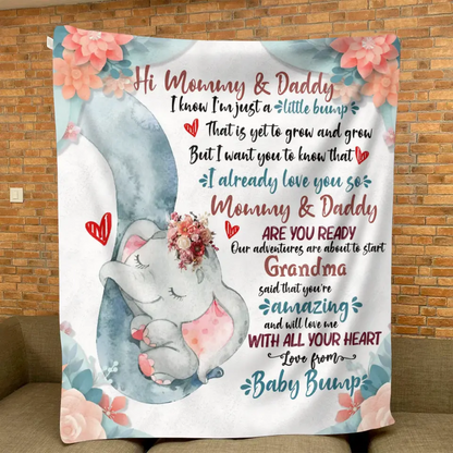 Personalized Elephant Quilt/Fleece Throw Blanket - Gift Idea For New Dad/Mom - Hi Mommy Daddy
