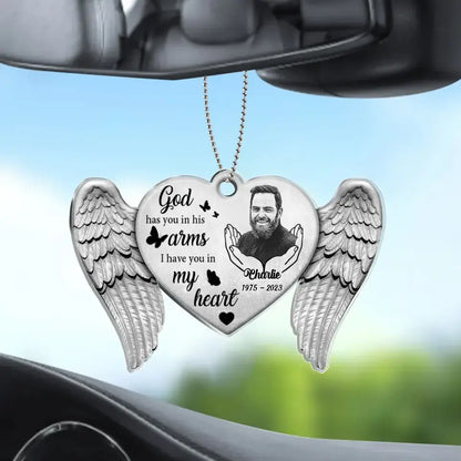 Personalized Memorial Heart Wings Acrylic Car Ornament - Memorial Gift Idea For Family Member/Pet Lover - Upload Photo - God Has You In His Arms I Have You In My Heart