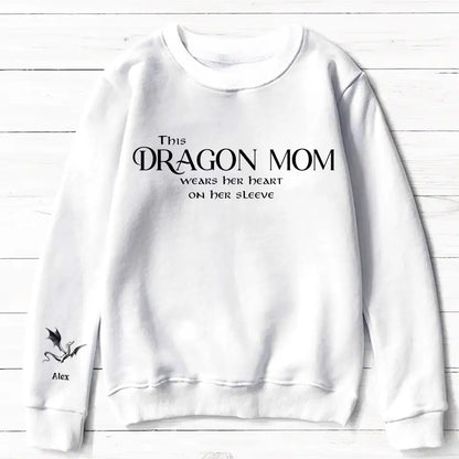 Personalized Dragon Mom AOP Sweater - Up to 5 Kids - Mother's Day Gift Idea For Mom/Grandma - This Dragon Mom Wears Her Heart On Her Sleeve