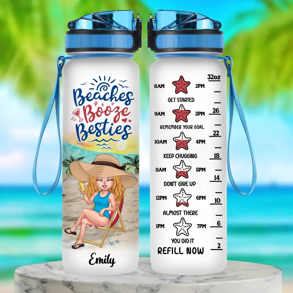 Personalized Beach Camping Water Tracker Bottle - Gift Idea For Best Friends/Beach Lovers with up to 5 Women - Beach Booze Besties