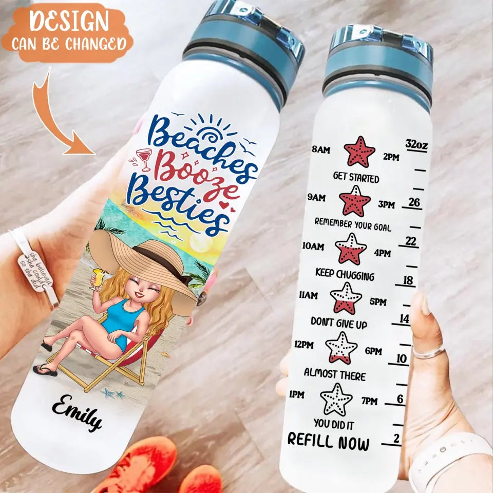 Personalized Beach Camping Water Tracker Bottle - Gift Idea For Best Friends/Beach Lovers with up to 5 Women - Beach Booze Besties