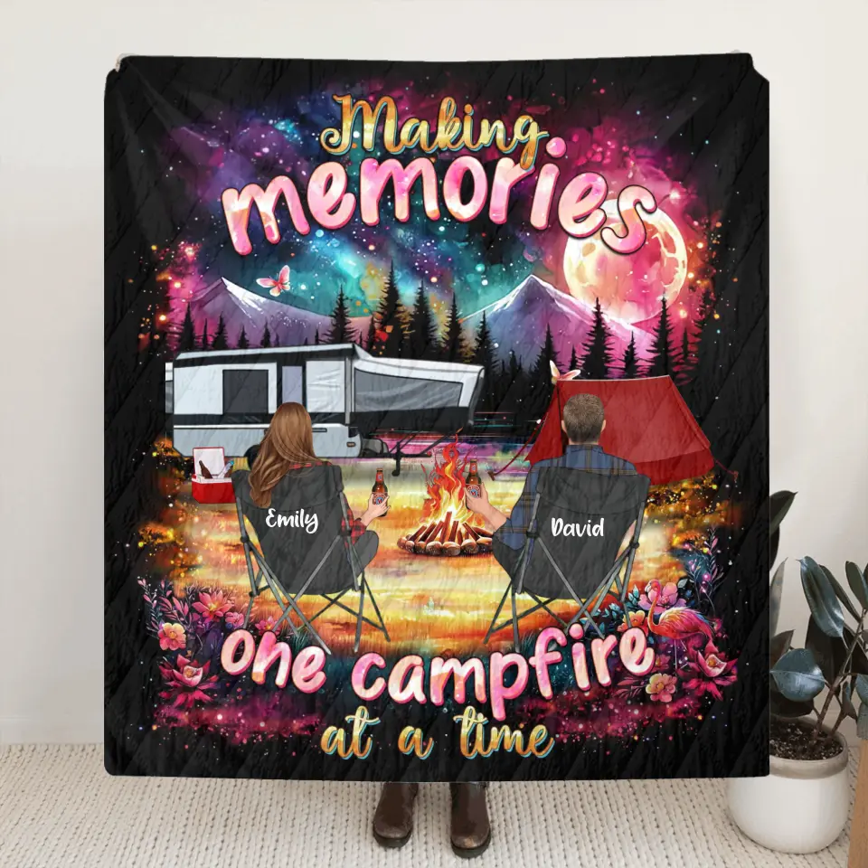 Personalized Camping Quilt/Fleece Throw Blanket/Pillow Cover - Gift Idea For Family/Camping Lover - Making Memories One Campfire At A Time