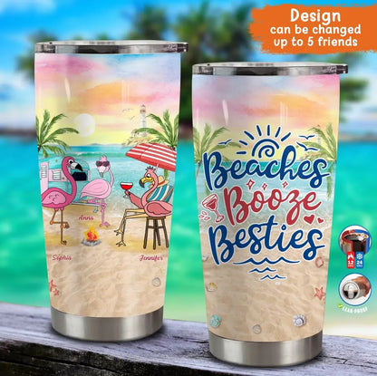 Personalized Beach Besties Tumbler - Gift Idea For Besties/Friends/Beach Lovers - Up to 5 Flamingos - Beaches Booze Besties