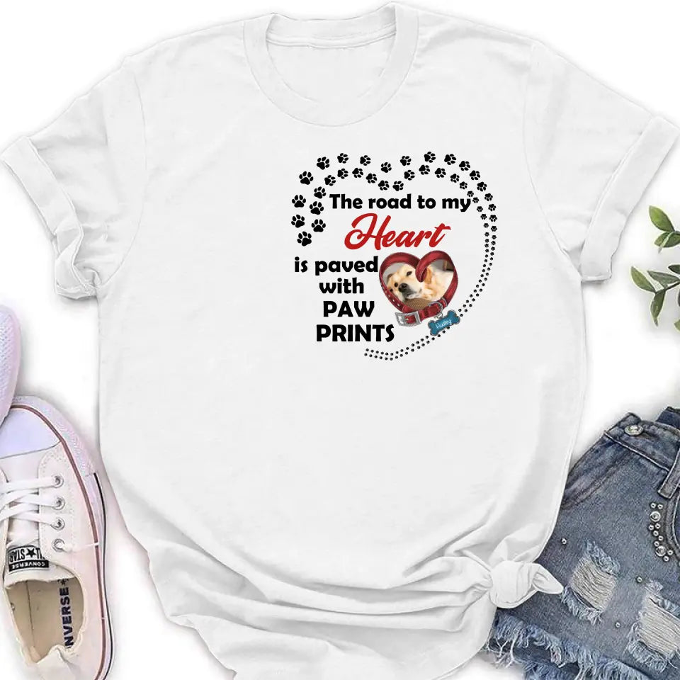 Personalized Dog Collar Shirt/Hoodie - Upload Photo - Memorial Gift Idea For Dog Lover/Mother's Day/Father's Day - The Road To My Heart Is Paved With Paw Prints