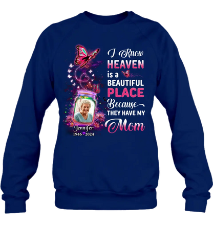 Personalized Memorial Photo Shirt/Hoodie - Memorial Gift Idea For Family/Mother's Day/Father's Day - I Know Heaven Is A Beautiful Place Because They Have My Mom