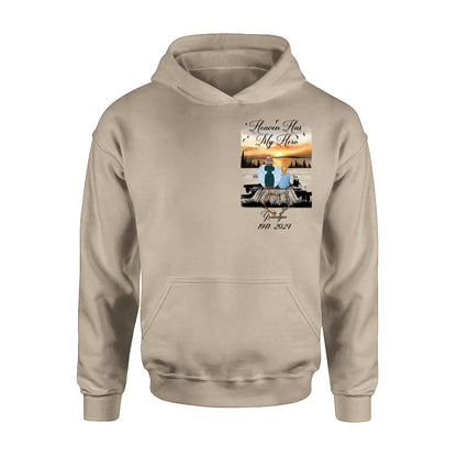 Personalized Memorial Fishing Grandpa Shirt/Hoodie - Memorial Gift Idea For Dad/Grandpa/Father's Day - Heaven Has My Hero