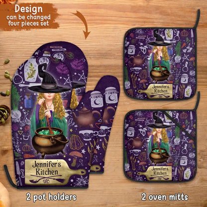 Personalized Witch Heat Resistant Oven Mitts With Pot Holders - Gift Idea for Witch Lover