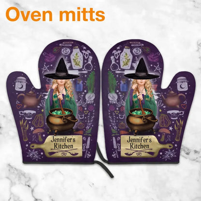 Personalized Witch Heat Resistant Oven Mitts With Pot Holders - Gift Idea for Witch Lover