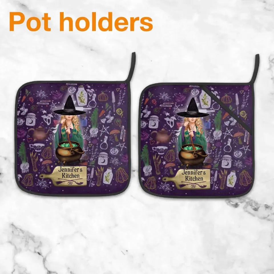 Personalized Witch Heat Resistant Oven Mitts With Pot Holders - Gift Idea for Witch Lover