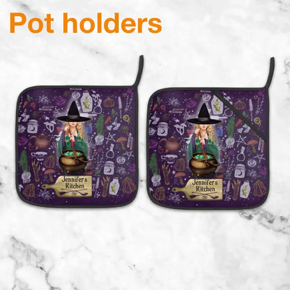 Personalized Witch Heat Resistant Oven Mitts With Pot Holders - Gift Idea for Witch Lover