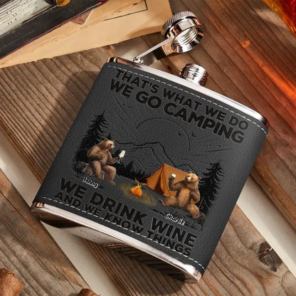 Personalized Camping Leather Flask - Up to 6 Bears - Father's Day Gift Idea for Camping Lovers - That's What We Do We Go Camping We Drink Wine And We Know Things