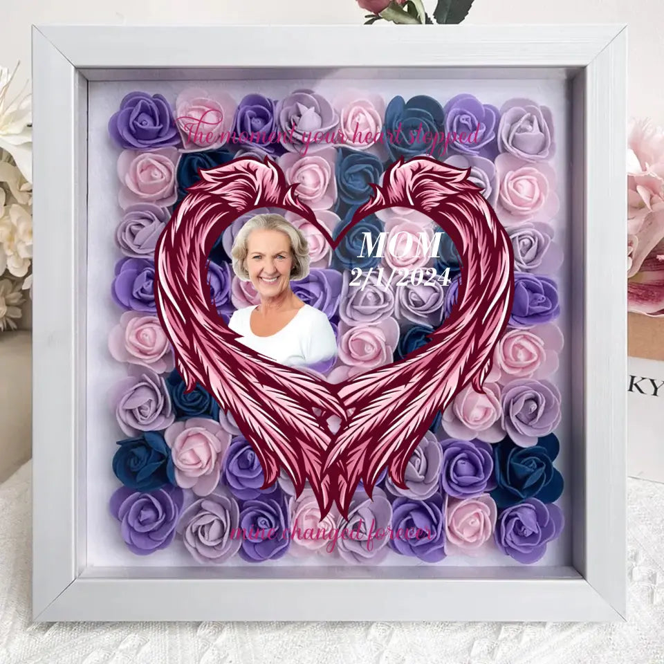 Personalized Memorial Flower Shadow Box - Memorial Gift Idea for Mother's Day - Upload Photo - The Moment Your Heart Stopped Mine Changed Forever