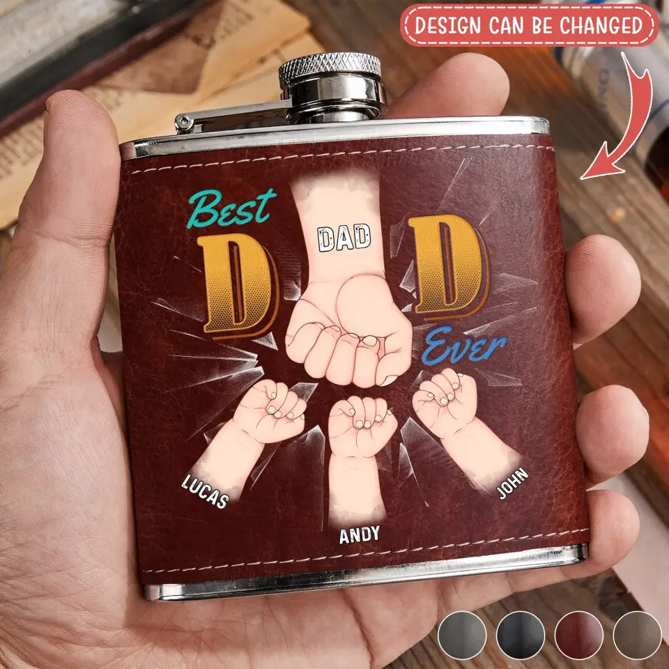 Personalized Best Dad Ever Leather Flask - Up to 5 Kids - Gift Idea For Dad/Father's Day